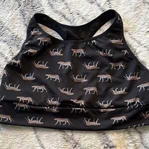 Black Leopard Print High-Neck Sports Bra - Women